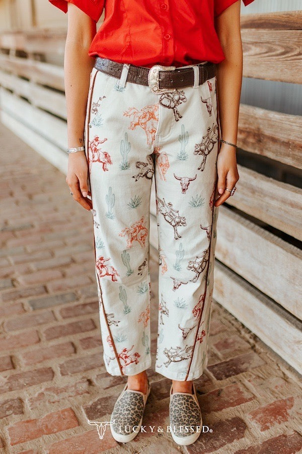 LB White Western Print Pants