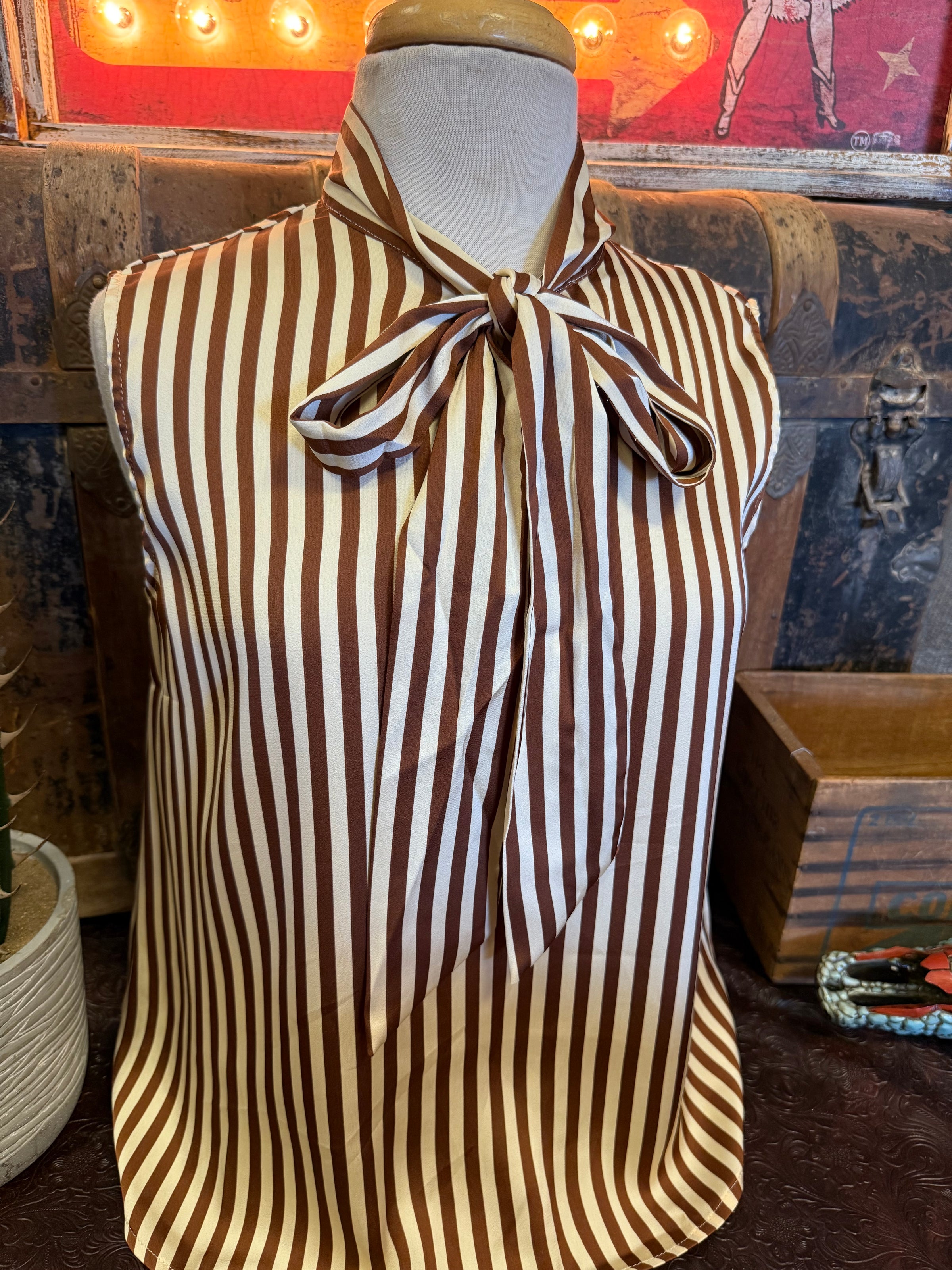 SS Brown Stripe Sleeveless Bow
