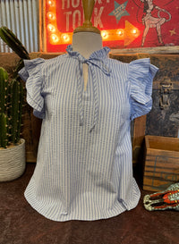SS Light Blue Stripe Ruffle Top