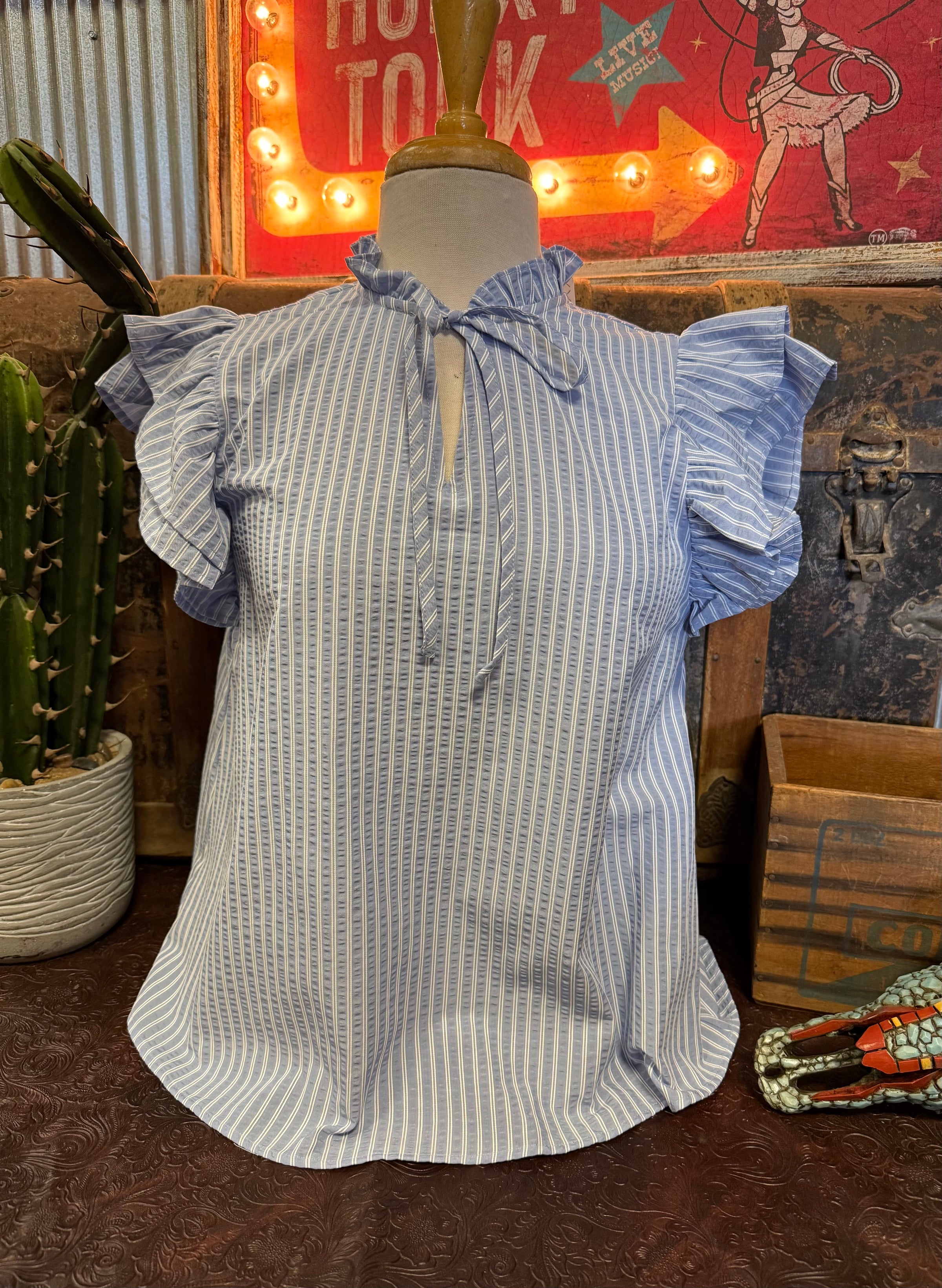 SS Light Blue Stripe Ruffle Top
