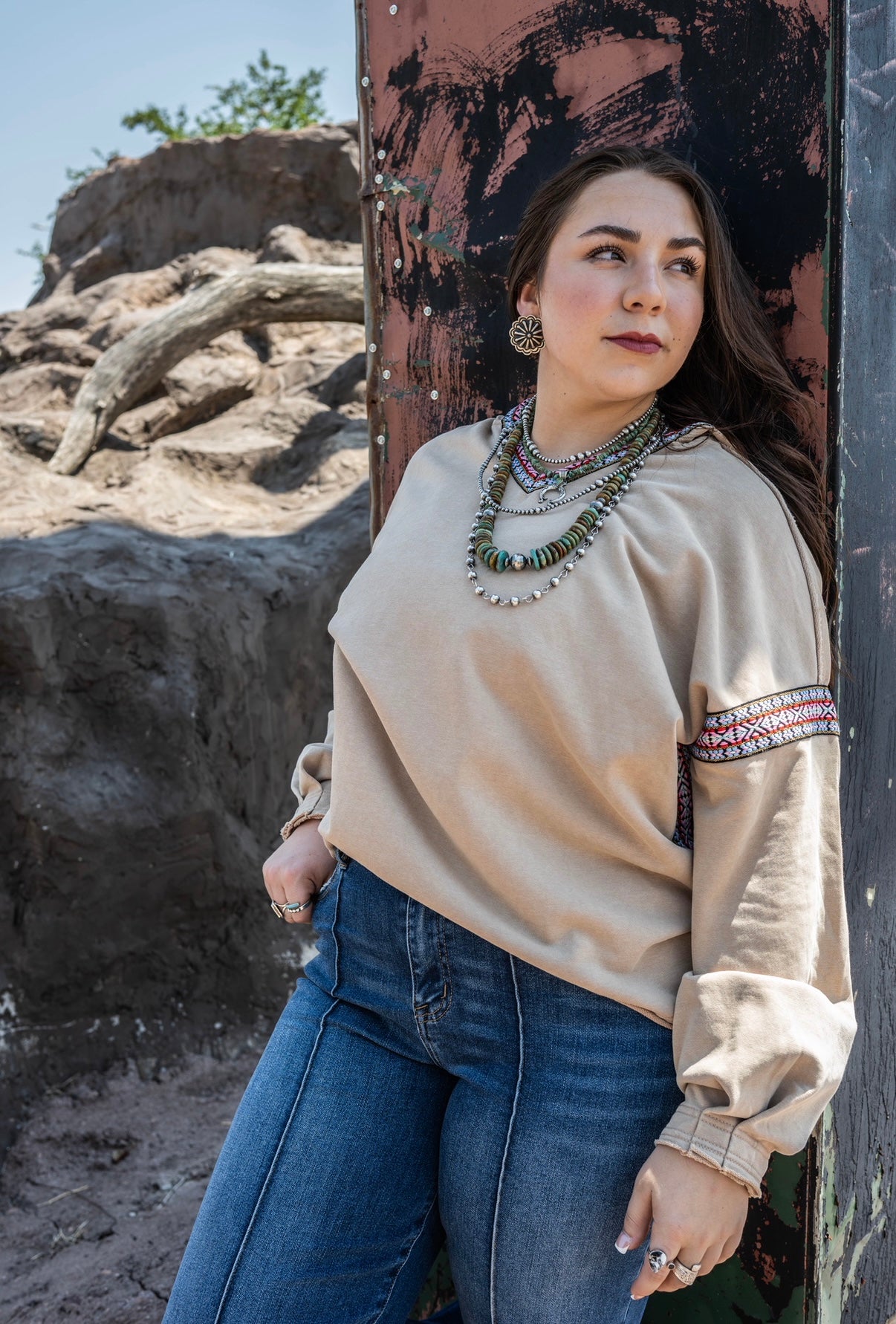 ES Tan Hoodie Aztec Trim