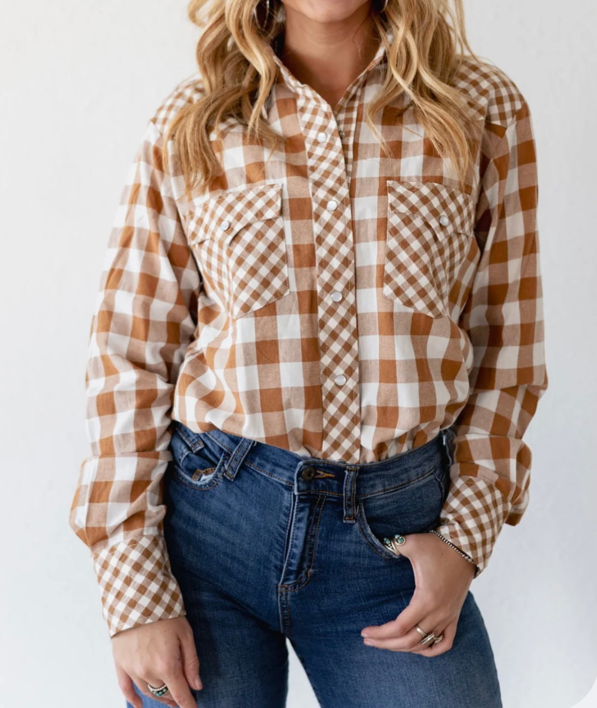 TH Tan Gingham Pearl Snap