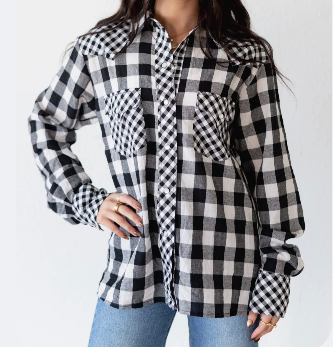 TH Black Gingham Pearl Snap
