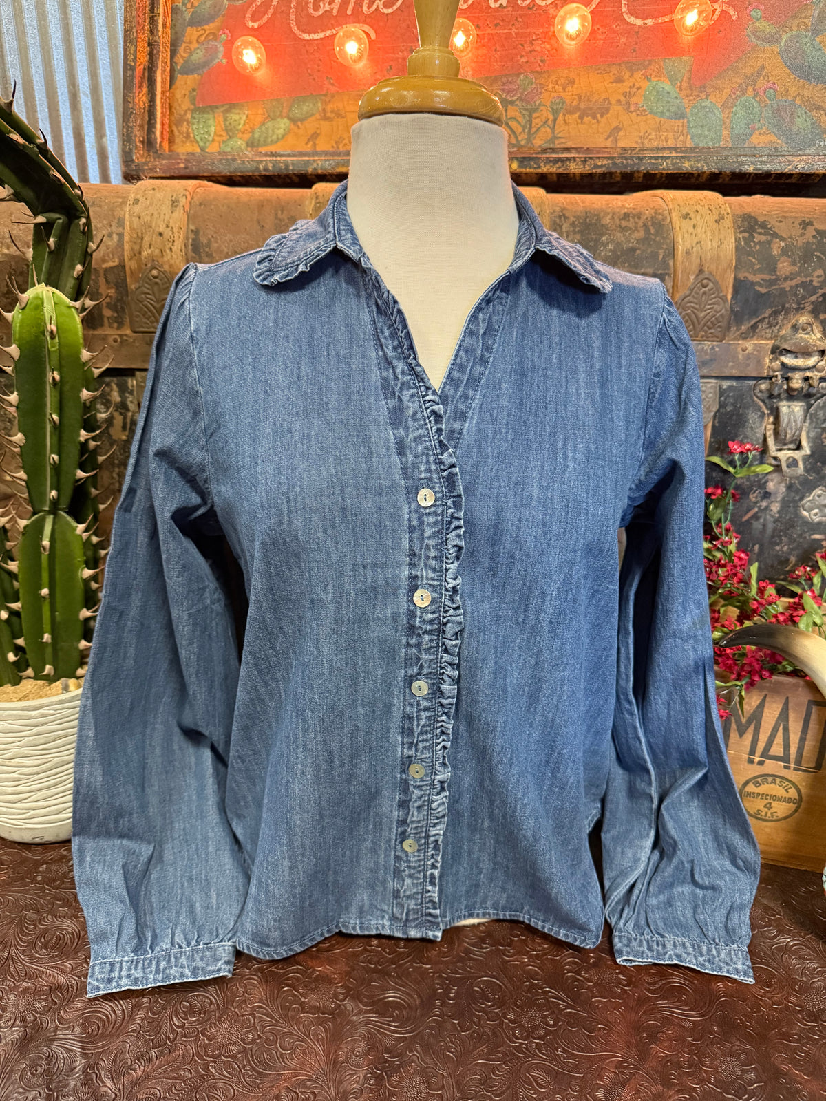 EE Denim Ruffle Button Up