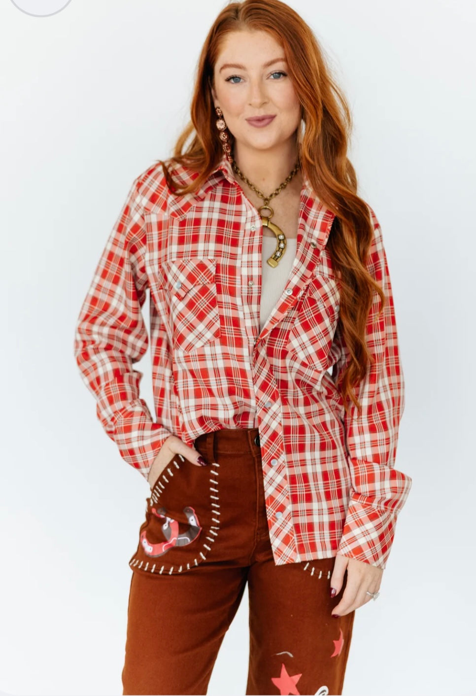 TH Red Plaid Pearl Snap